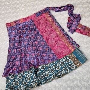 Darn Good Yarn Pink Teal Sari Silk Mini Wrap Skirt XL (6073)